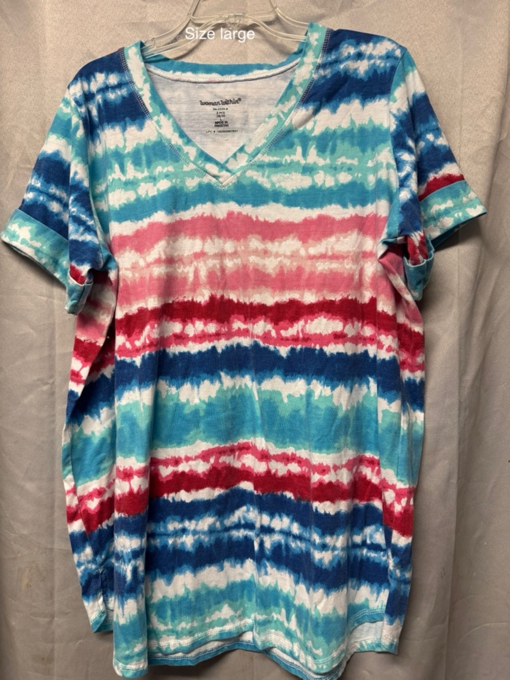 Women’s Tie-Dye V-Neck Tee - Blue, Pink & Red